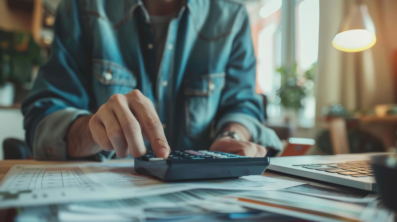 Persona che utilizza una calcolatrice per pianificare il proprio risparmio quotidiano